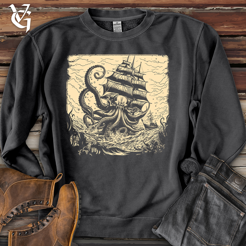 Viking Goods Kraken At Sea Pigment-Dyed Crewneck Pigment Black / L