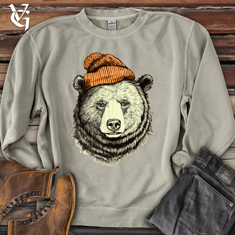 Viking Goods Bear Wearing Hunters Beanie Pigment-Dyed Crewneck Pigment Cement / L