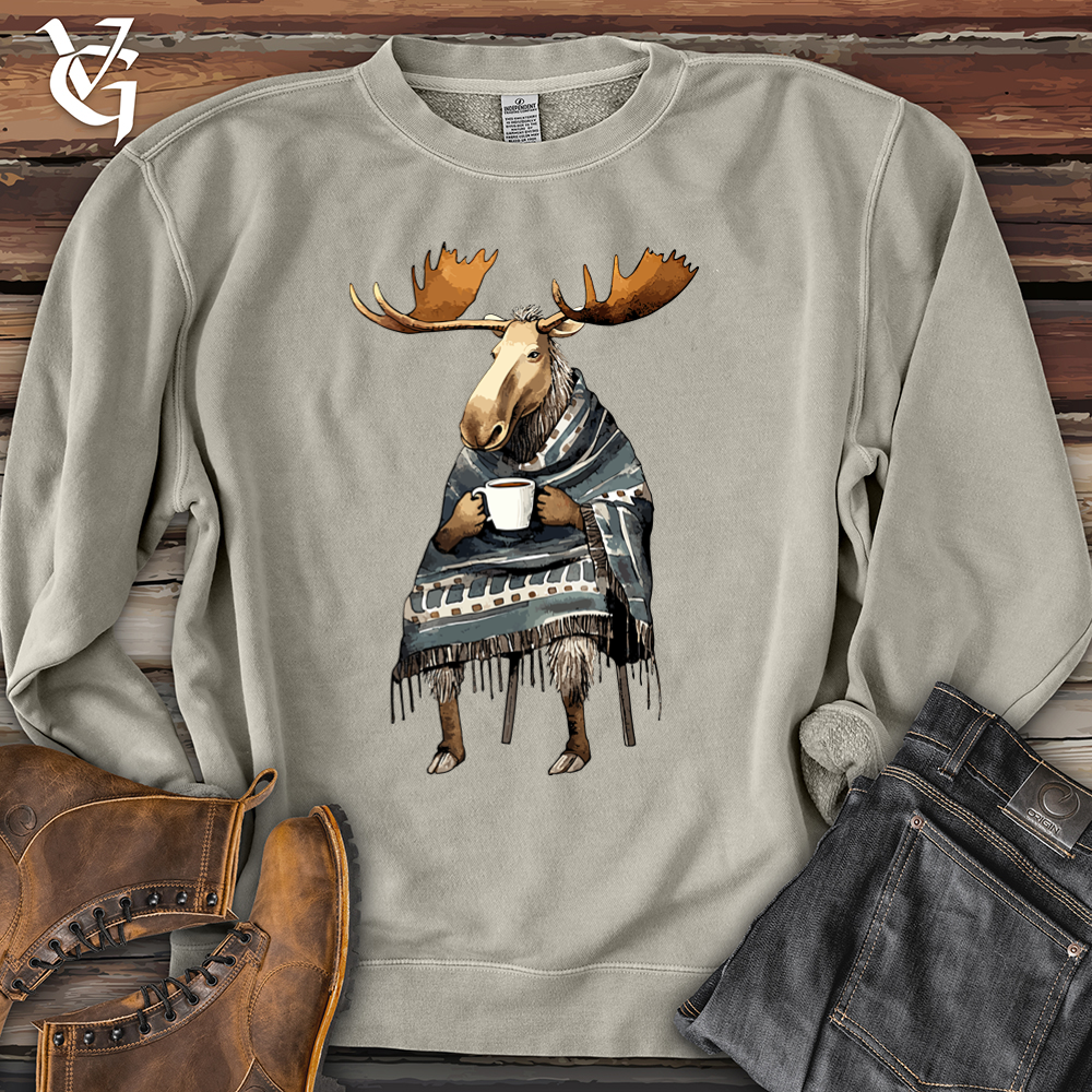 Viking Goods Coffee Drinking Moose Pigment-Dyed Crewneck Pigment Cement / L