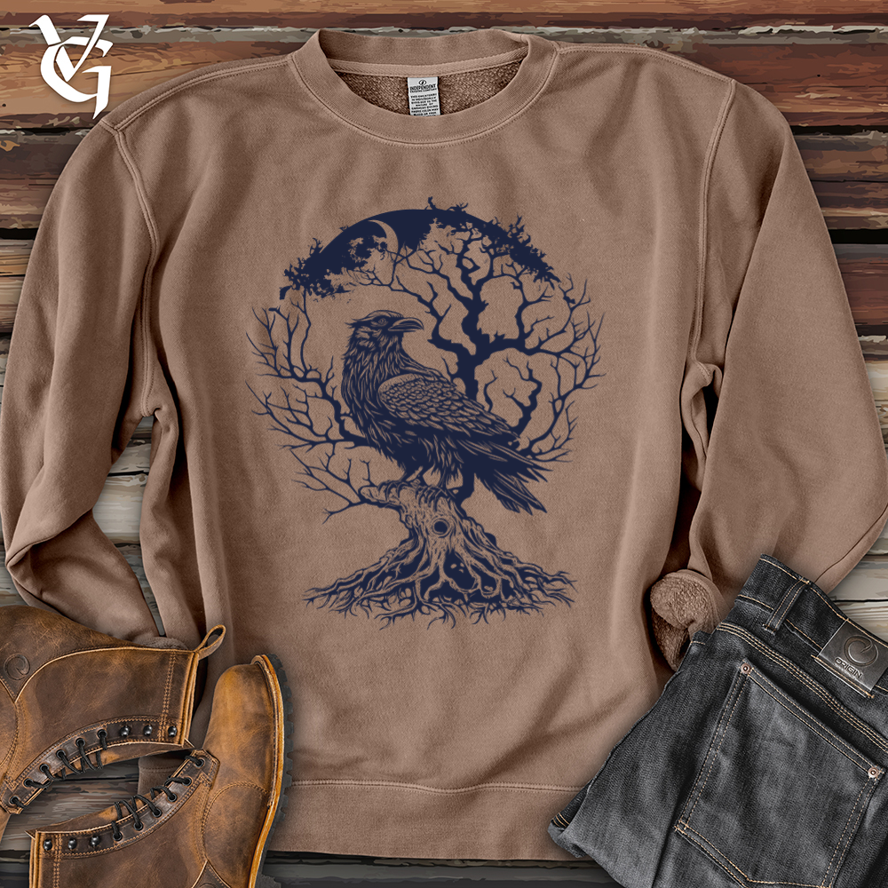Viking Goods Raven and Old Tree Tattoo Pigment-Dyed Crewneck Pigment Clay / L