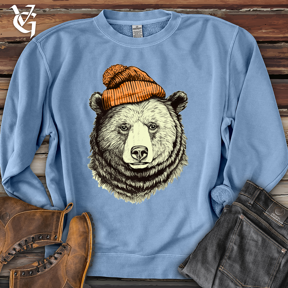 Viking Goods Bear Wearing Hunters Beanie Pigment-Dyed Crewneck Pigment Light Blue / L