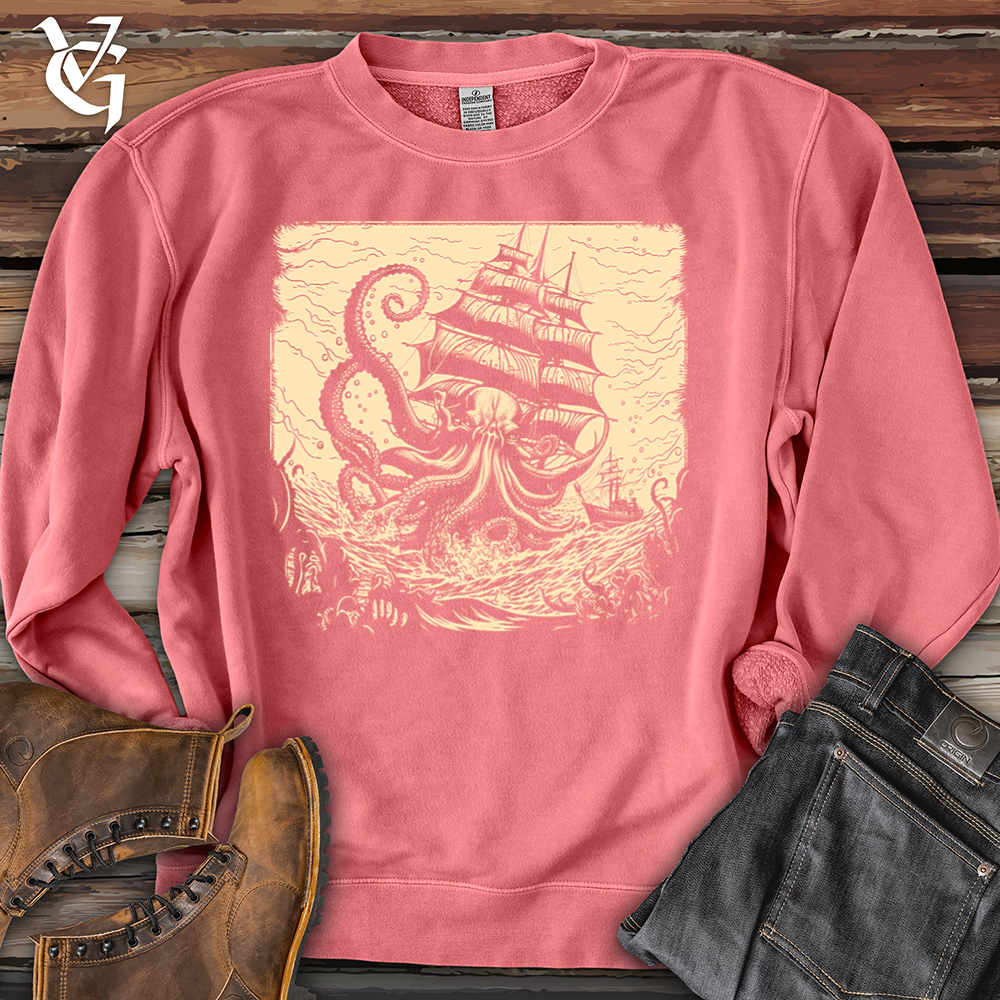 Viking Goods Kraken At Sea Pigment-Dyed Crewneck Pigment Pink / L