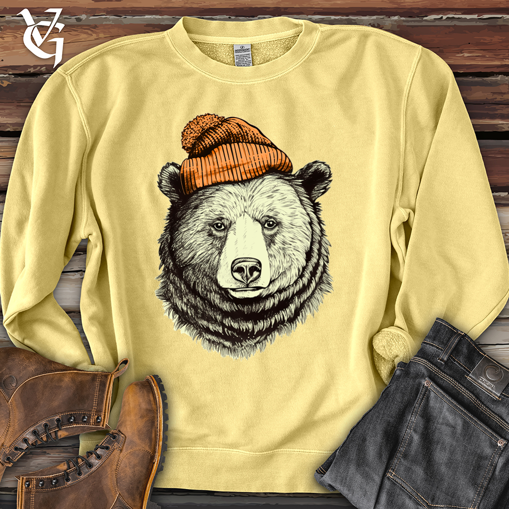 Viking Goods Bear Wearing Hunters Beanie Pigment-Dyed Crewneck Pigment Yellow / L