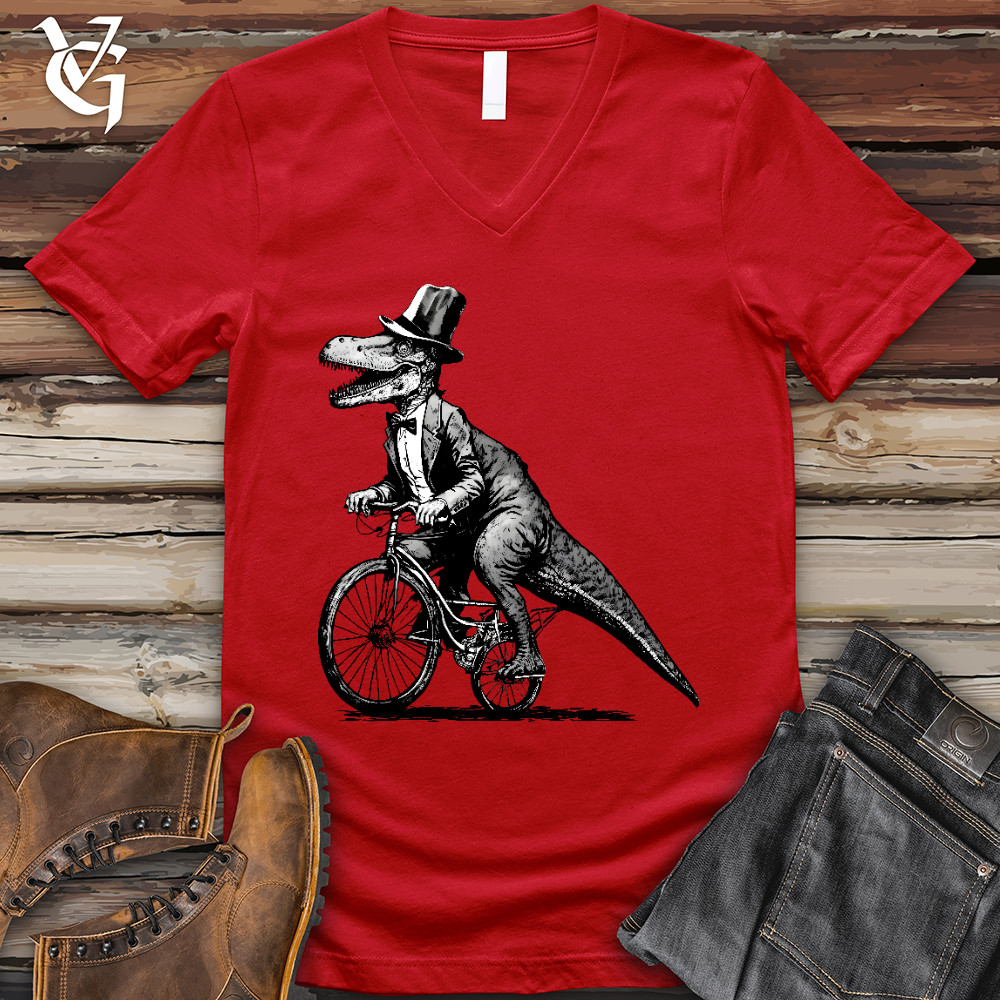 Viking Goods Dinosaur Riding a Bike V-Neck Tee Red / L