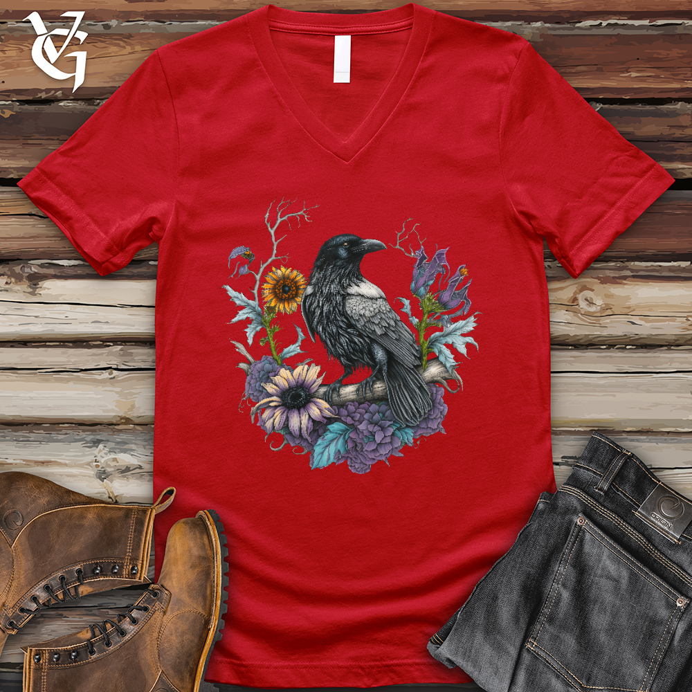 Viking Goods Flower Wreath Raven V- Neck Tee Red / L
