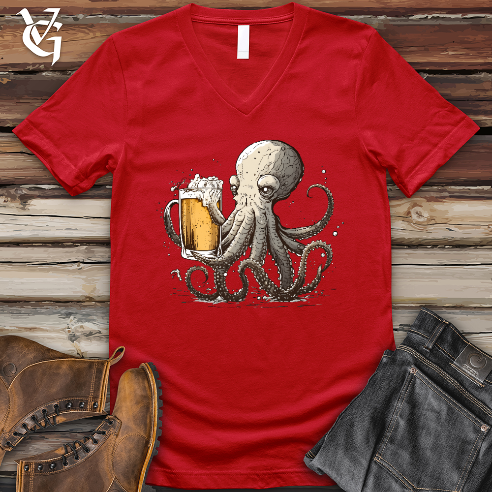Viking Goods Octopus Happy Hour V- Neck Tee Red / L