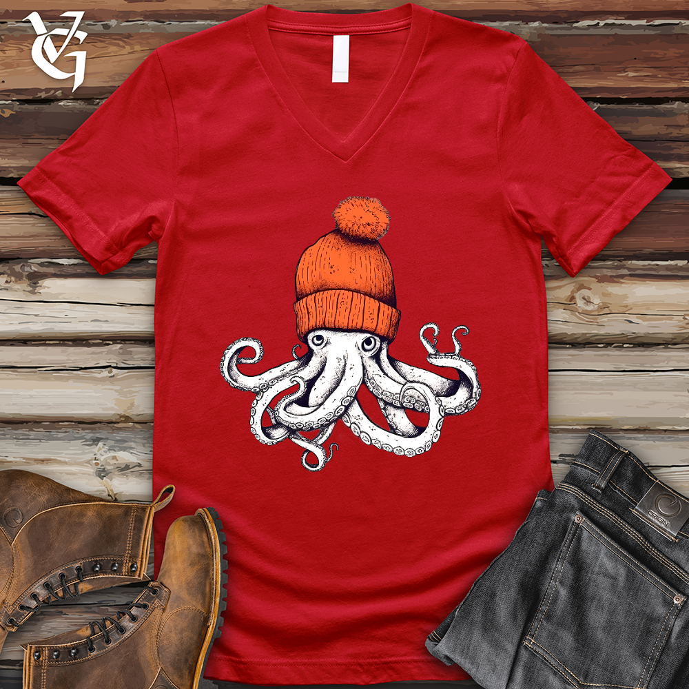 Viking Goods Octopus Orange Beanie V-Neck Tee Red / L