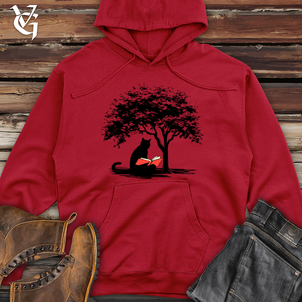 Viking Goods Retro Tree Reading Black Cat Midweight Hooded Sweatshirt Red / L