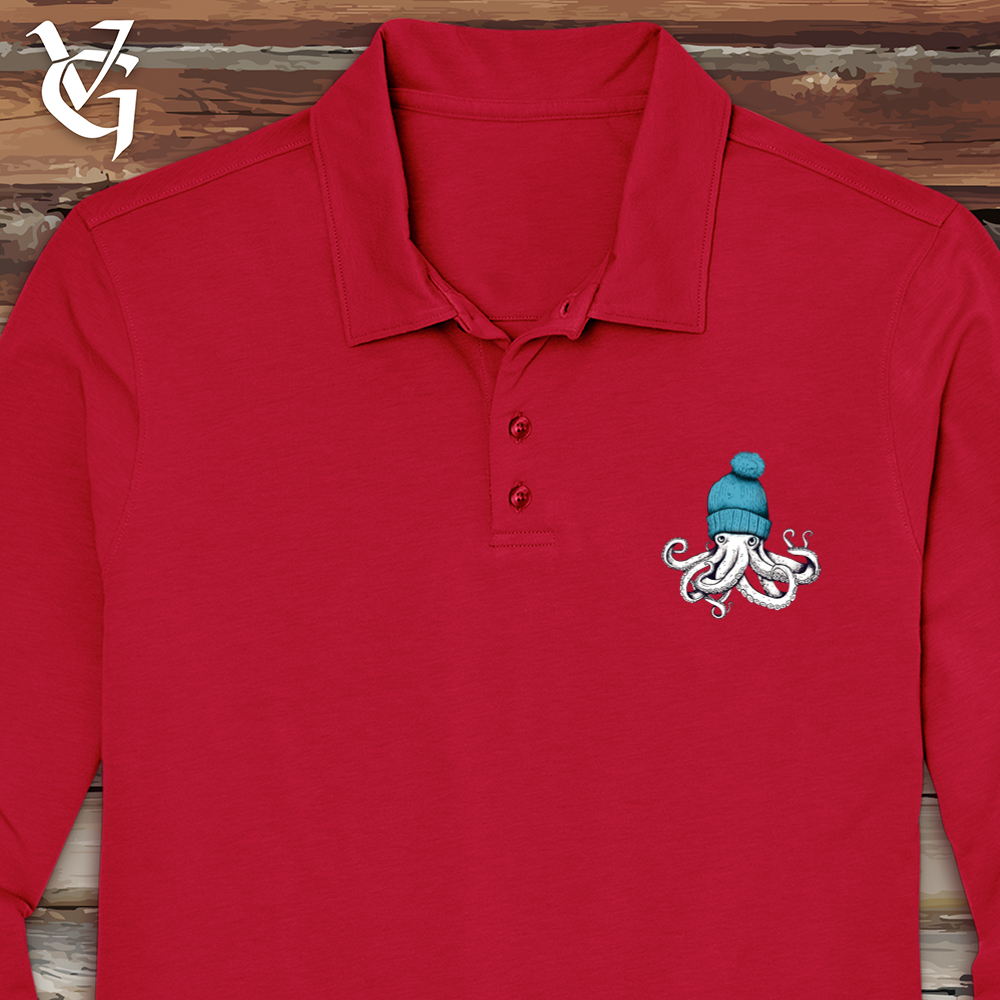 Viking Goods Octopus Wearing Beanie Long Sleeve Polo Rich Red / L