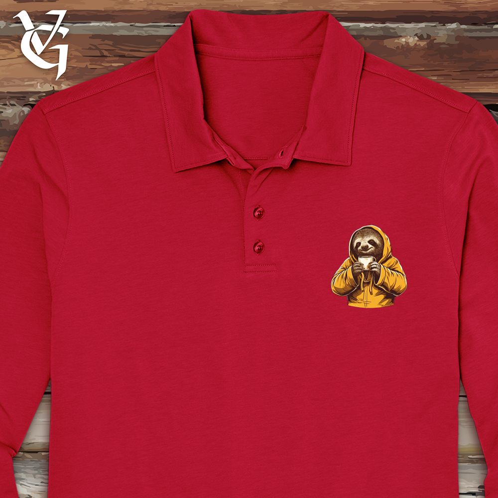 Viking Goods Sloth Coffee Long Sleeve Polo Rich Red / L