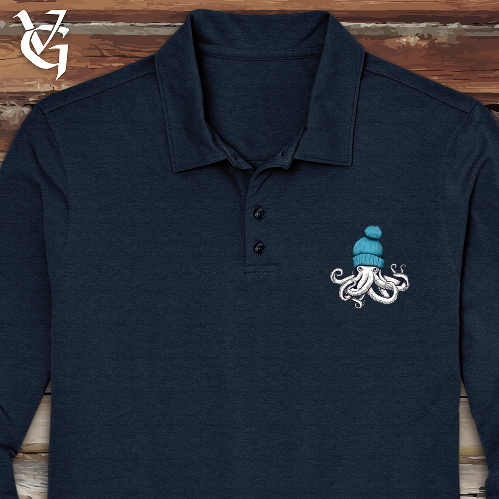 Viking Goods Octopus Wearing Beanie Long Sleeve Polo River Blue Navy / L