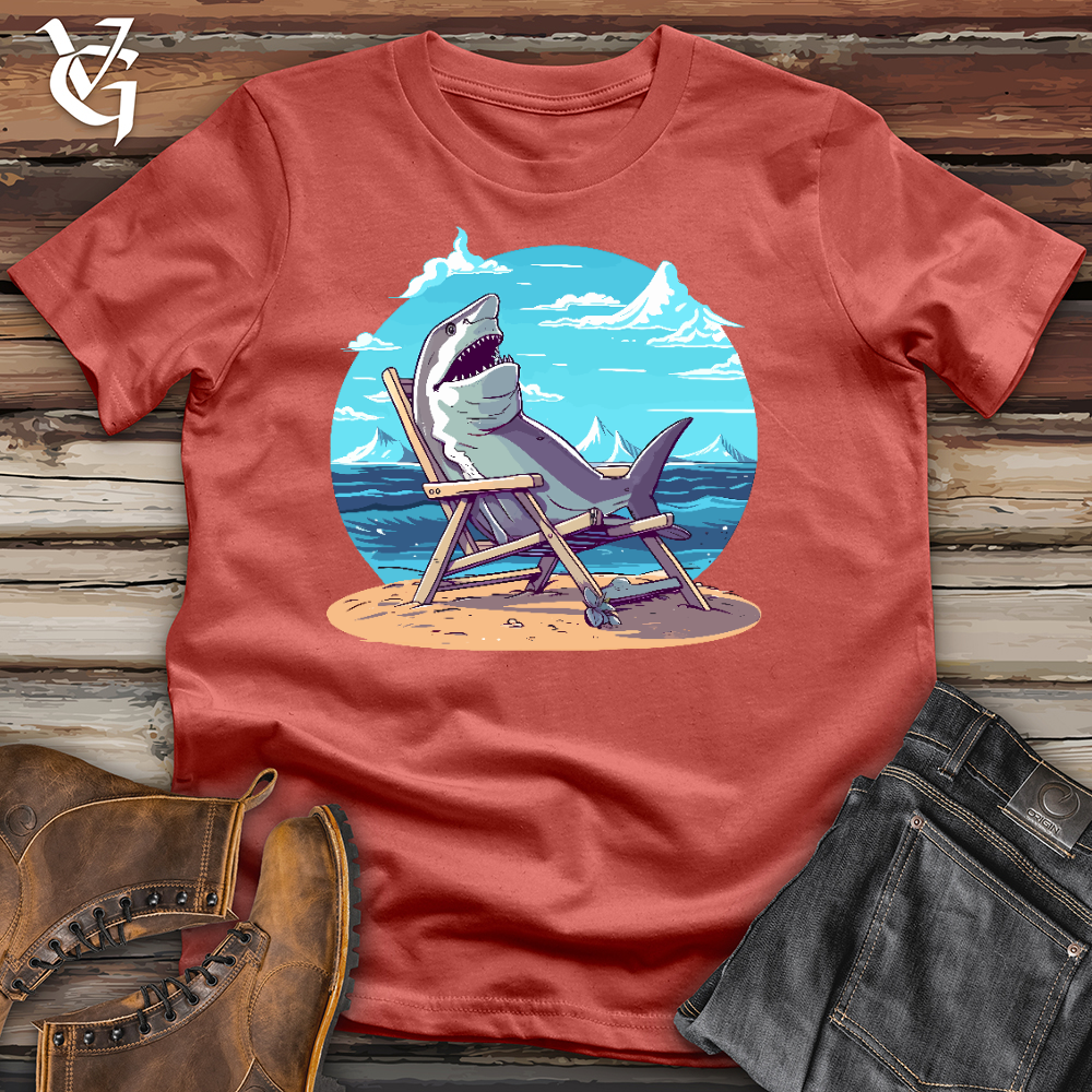 Viking Goods Shark Sitting in a Beach Chair in the Sand Cotton Tee Rust / L