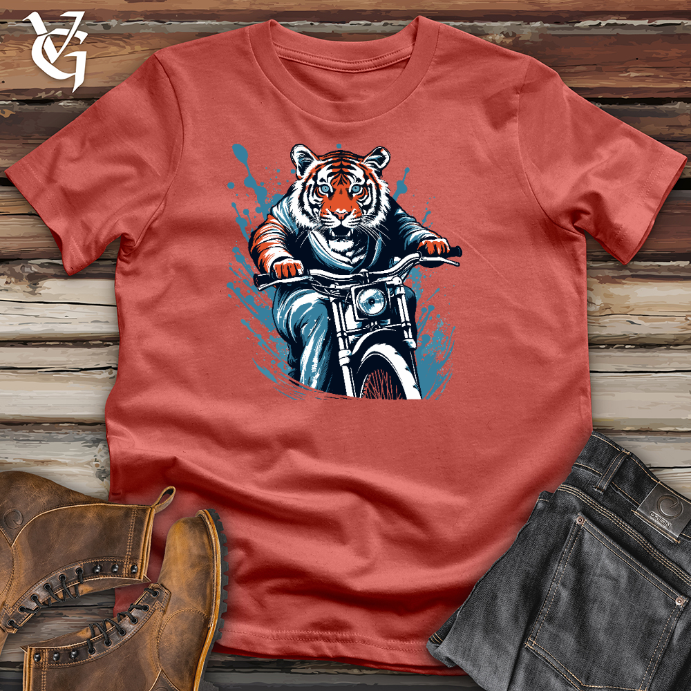 Viking Goods Tiger Riding On Motorbike Cotton Tee Rust / L