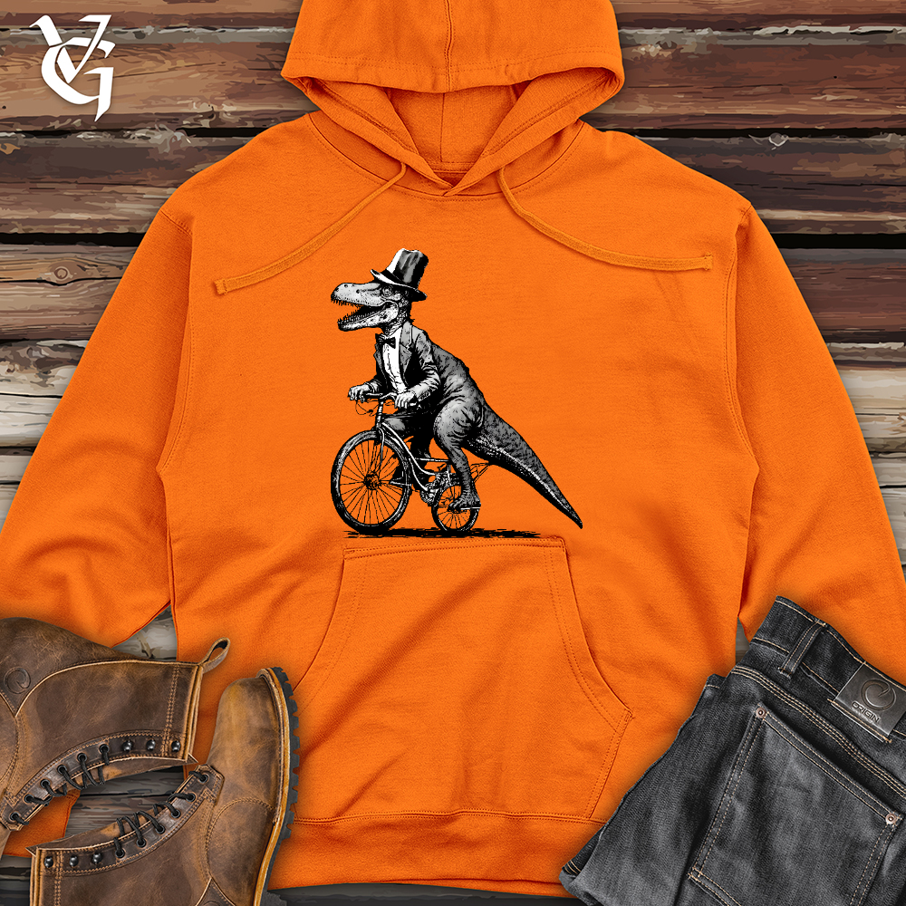 Viking Goods Dinosaur Riding a Bike Midweight Hooded Sweatshirt Safety Orange / L