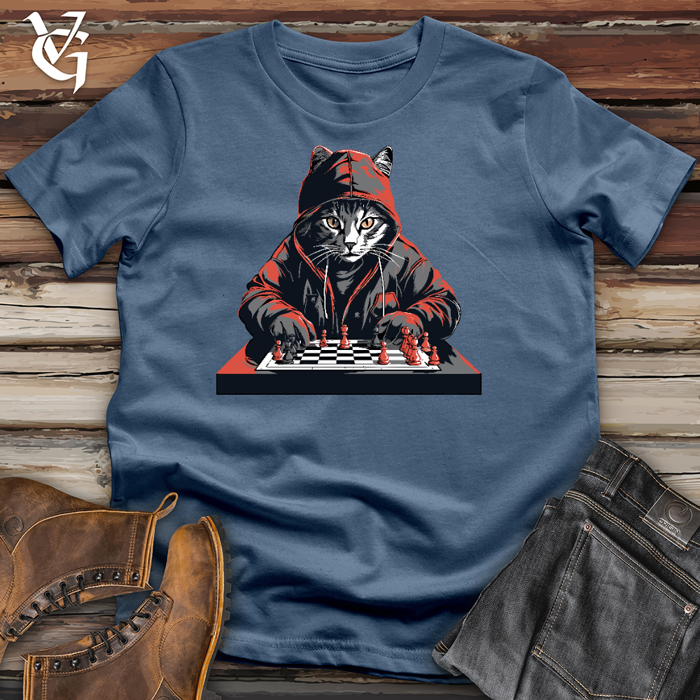 Viking Goods A Cat Playing Chess Cotton Tee Steel Blue / L