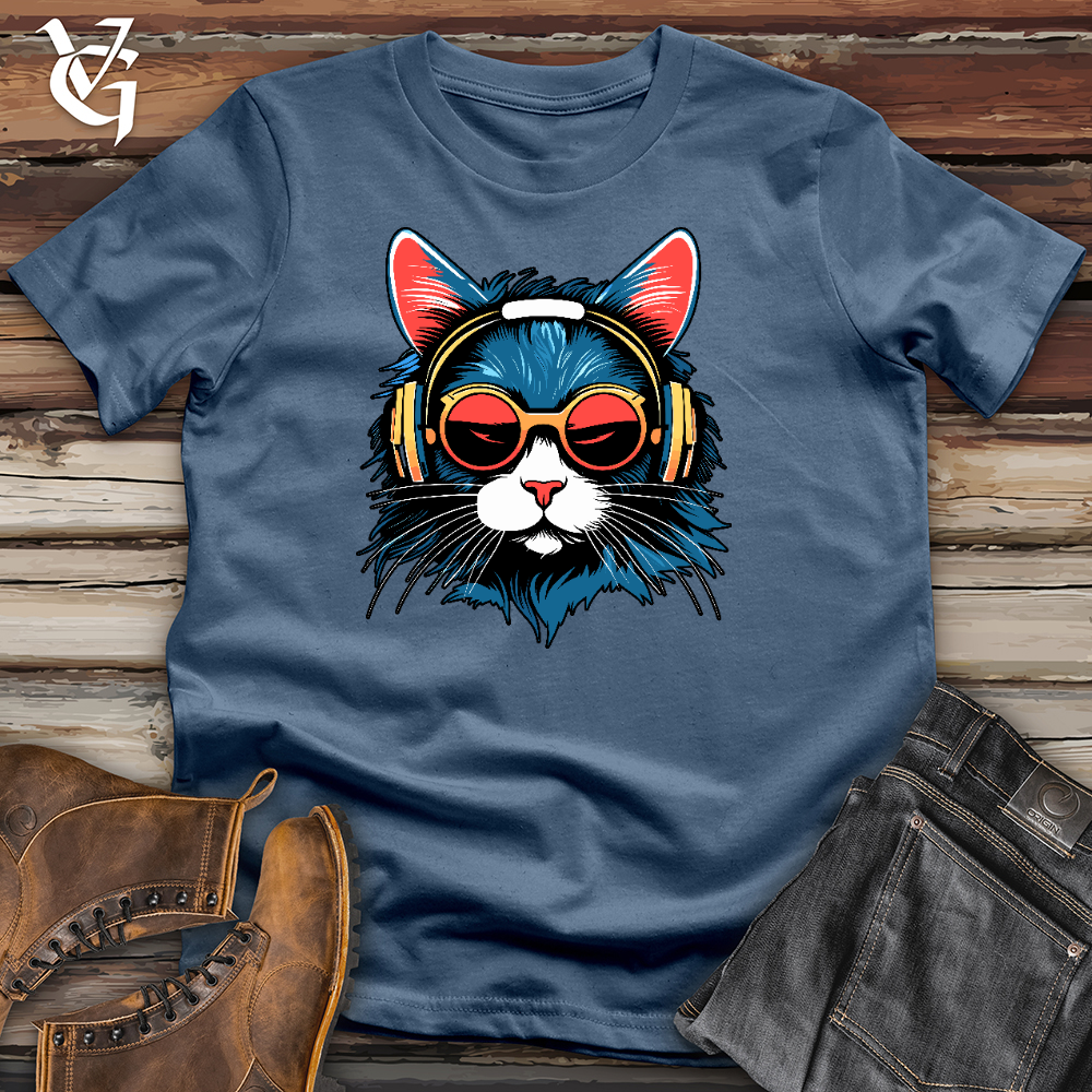 Viking Goods A Cat Wearing Sunglasses and Headphone Cotton Tee Steel Blue / L