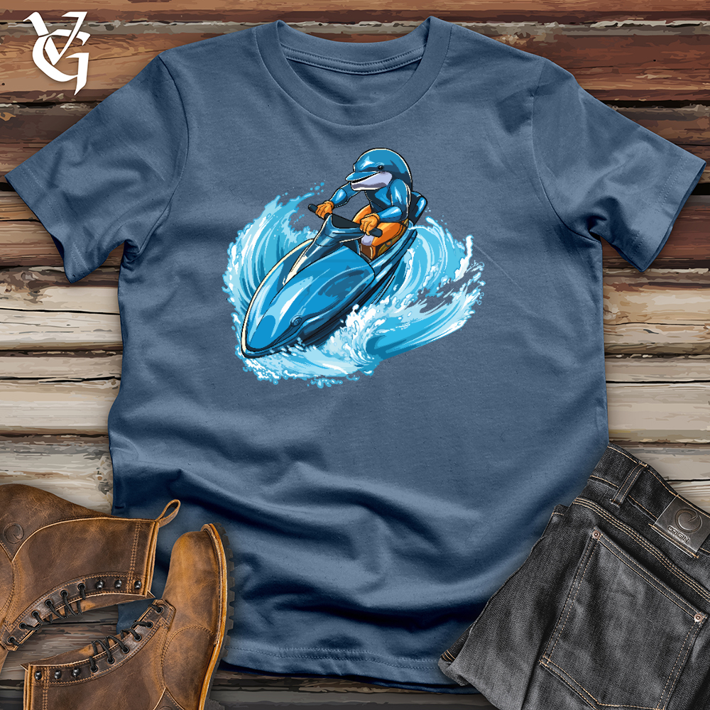 Viking Goods A Dolphin Driving a Jet Ski in the Ocean Cotton Tee Steel Blue / L