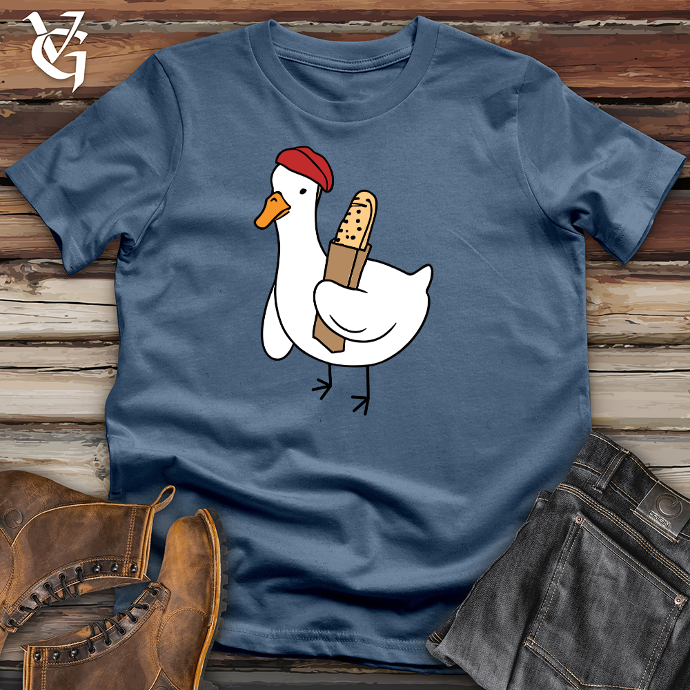 Viking Goods A Red Hat Wearing Duck Holding a Baguette Cotton Tee Steel Blue / L