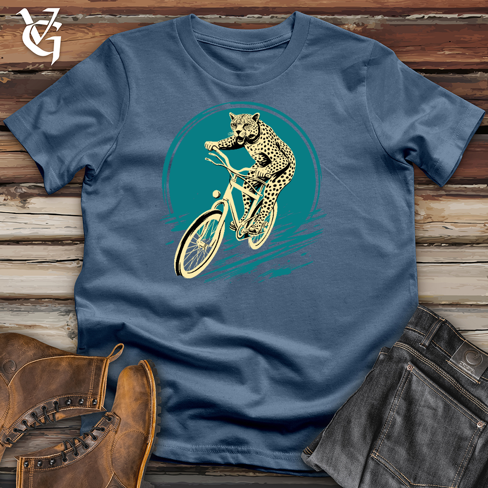 Viking Goods Cheetah Riding On A Bike Cotton Tee Steel Blue / L