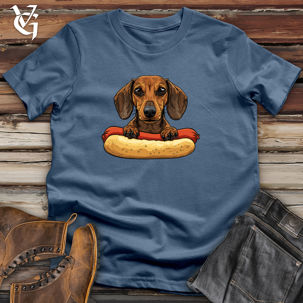 Viking Goods Dachshund Hotdog Hug Cotton Tee Steel Blue / L