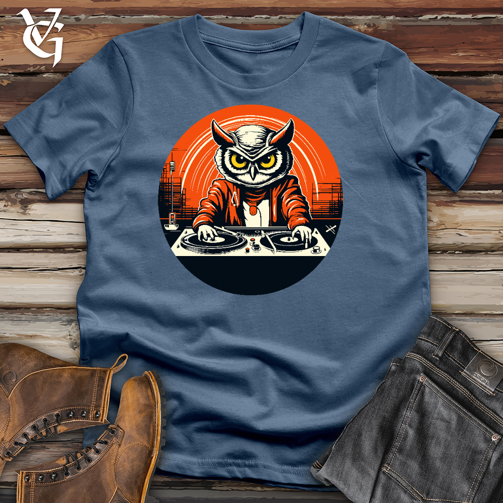 Viking Goods Dj Owl Making Techno Music Cotton Tee Steel Blue / L