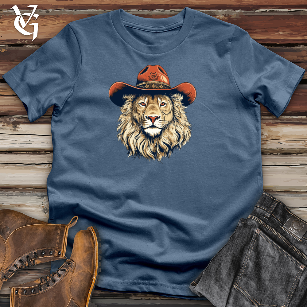 Viking Goods Lion Cowboy Savanna Standoff Style Cotton Tee Steel Blue / L