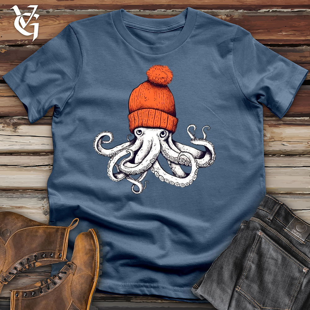 Viking Goods Octopus Orange Beanie Cotton Tee Steel Blue / L