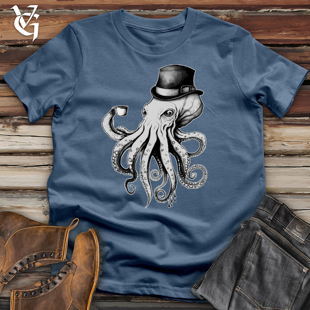 Viking Goods Octopus Wearing Hat Drinking Coffee Cotton Tee Steel Blue / L