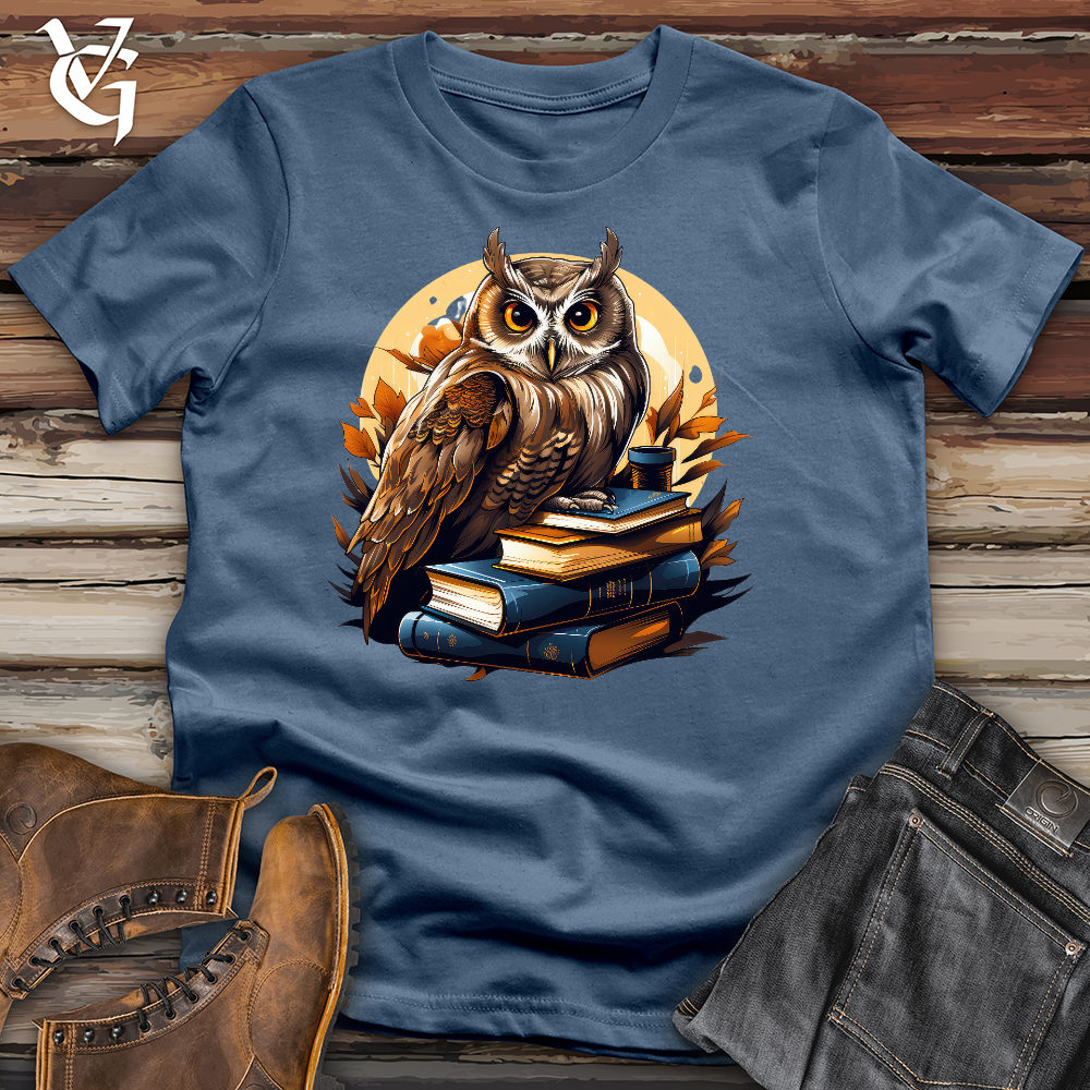 Viking Goods Owl Reading Books Cotton Tee Steel Blue / L