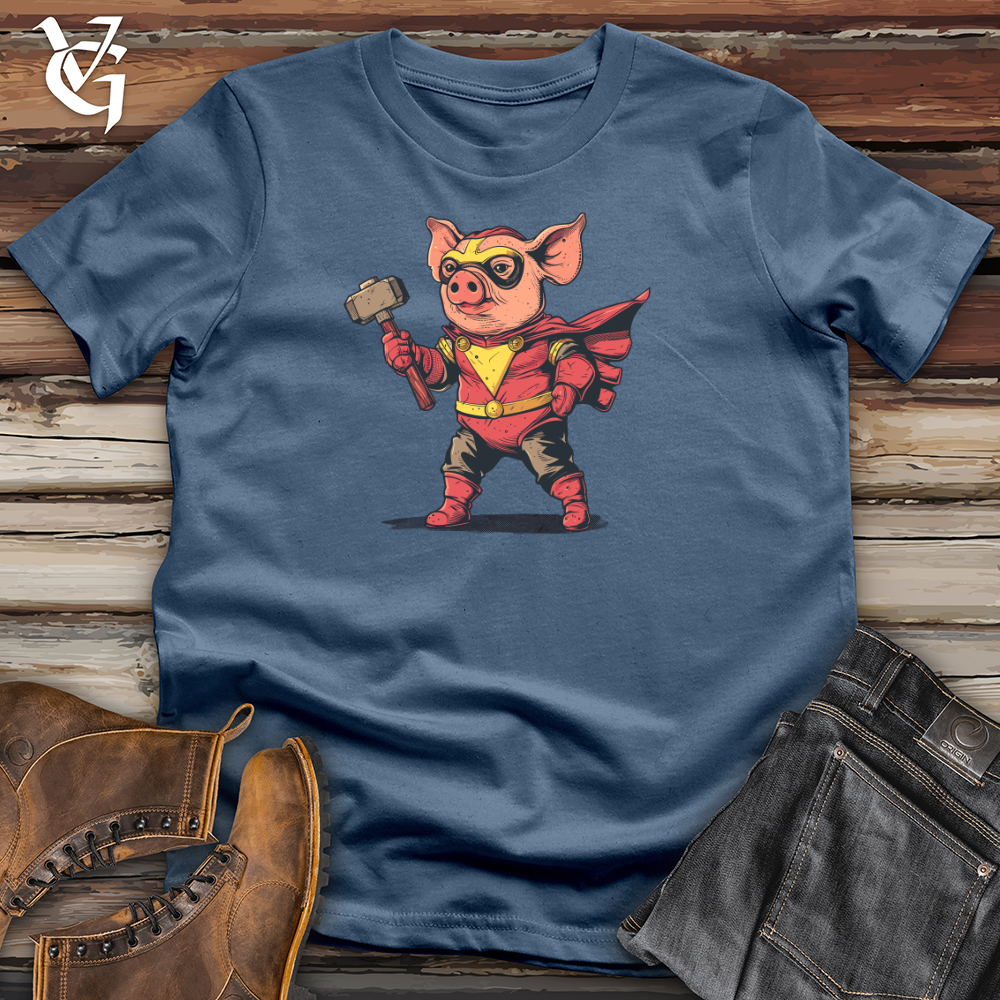 Viking Goods Pig Superhero Hammer Cotton Tee Steel Blue / L