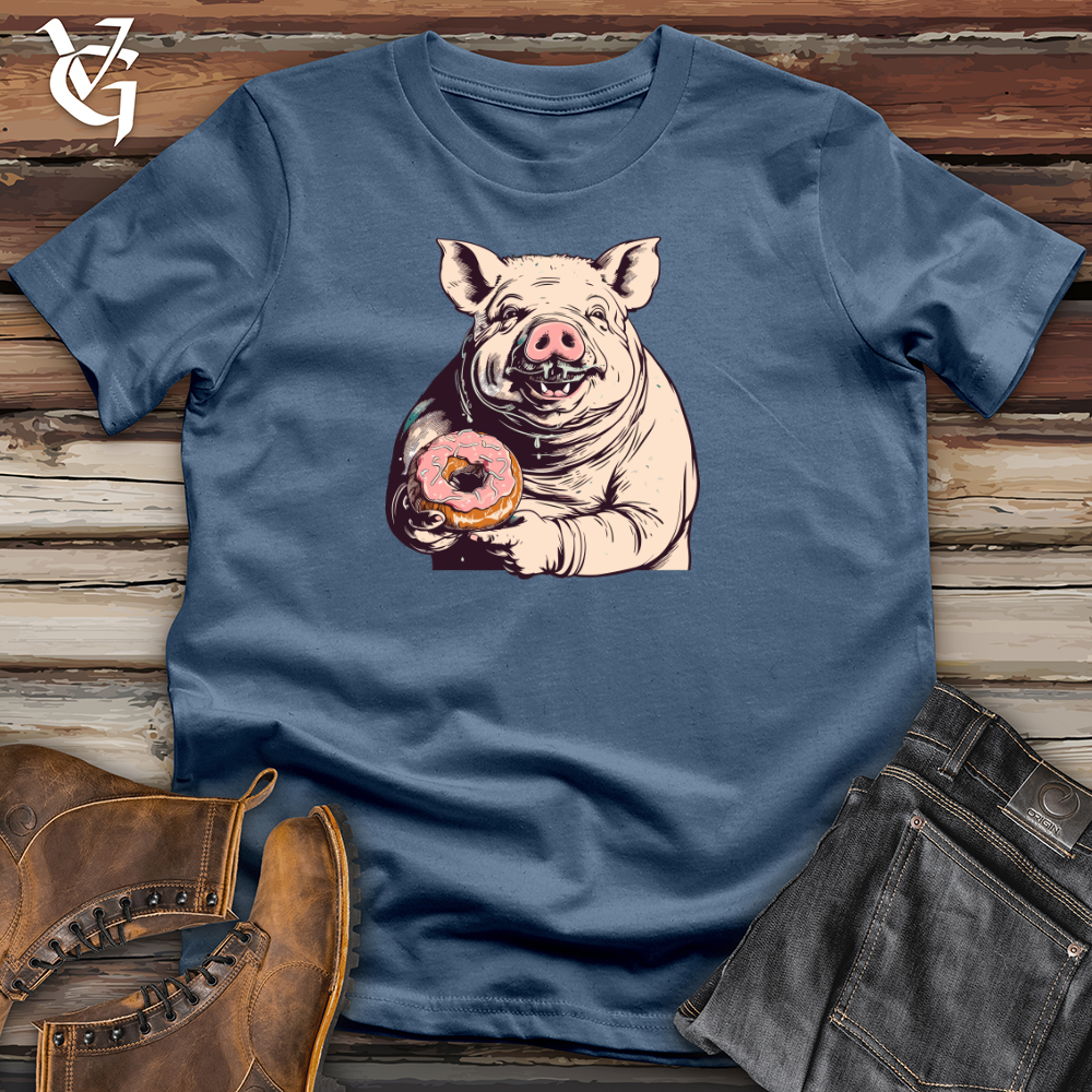 Viking Goods Retro Donut Devouring Pig Cotton Tee Steel Blue / L