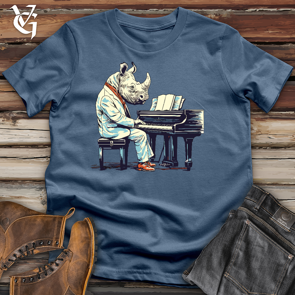 Viking Goods Rhinoceros Playing Piano Cotton Tee Steel Blue / L