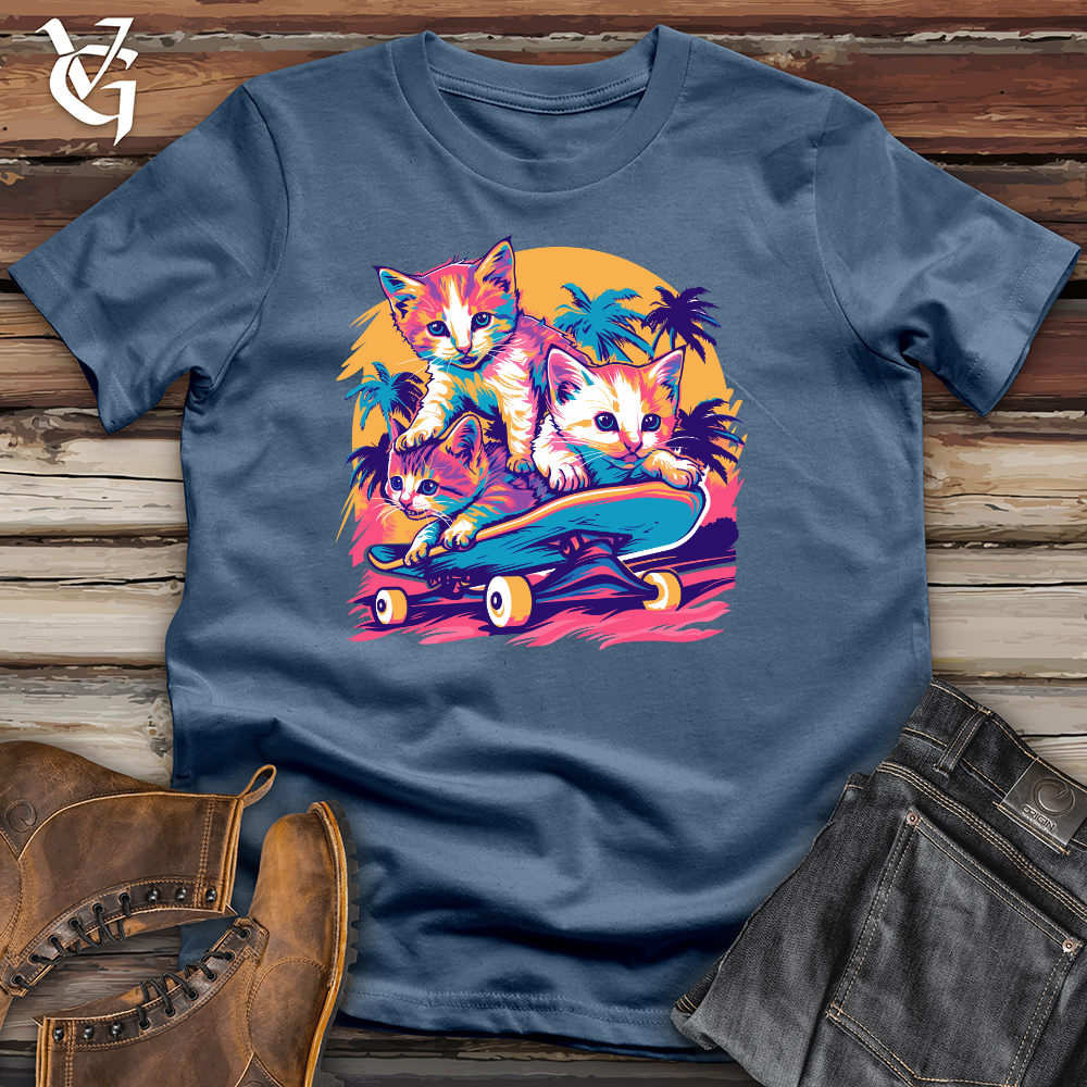 Viking Goods Skater Kittens Escape Cotton Tee Steel Blue / L