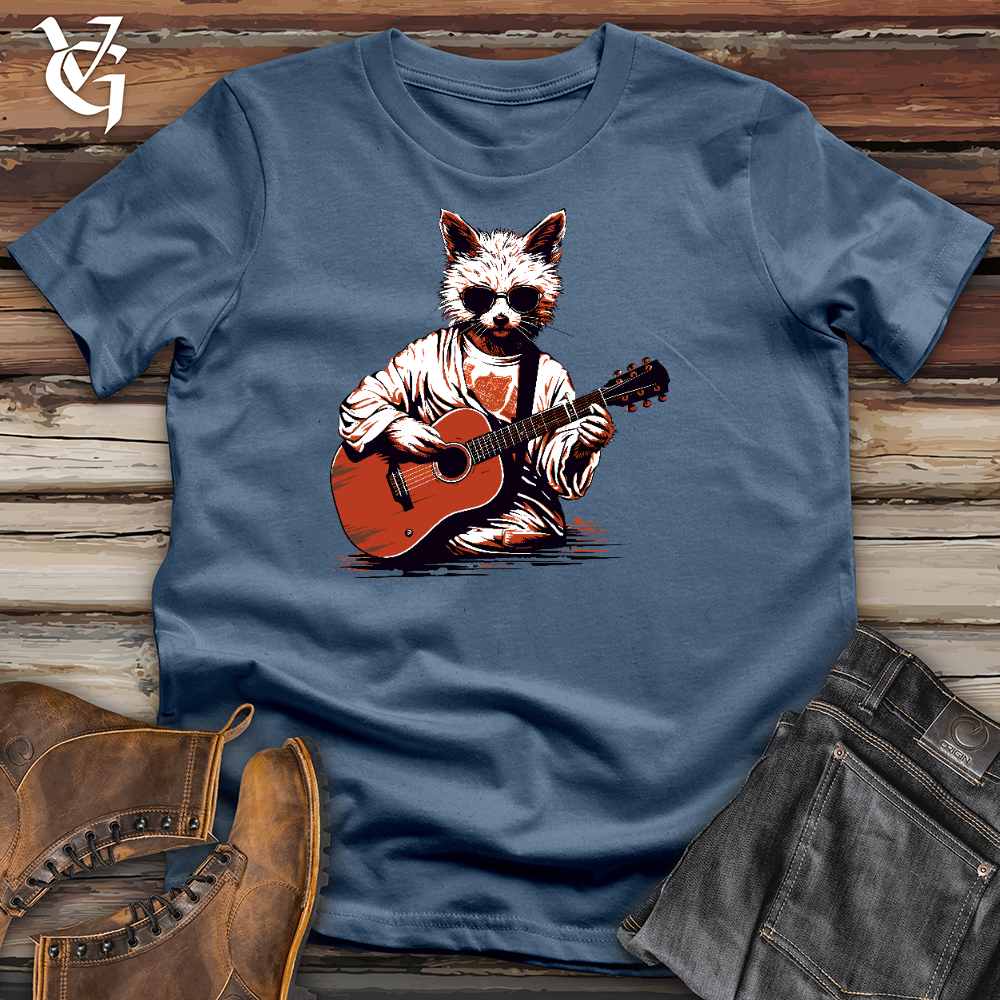 Viking Goods Super Cool Cat Playing Guitar Cotton Tee Steel Blue / L