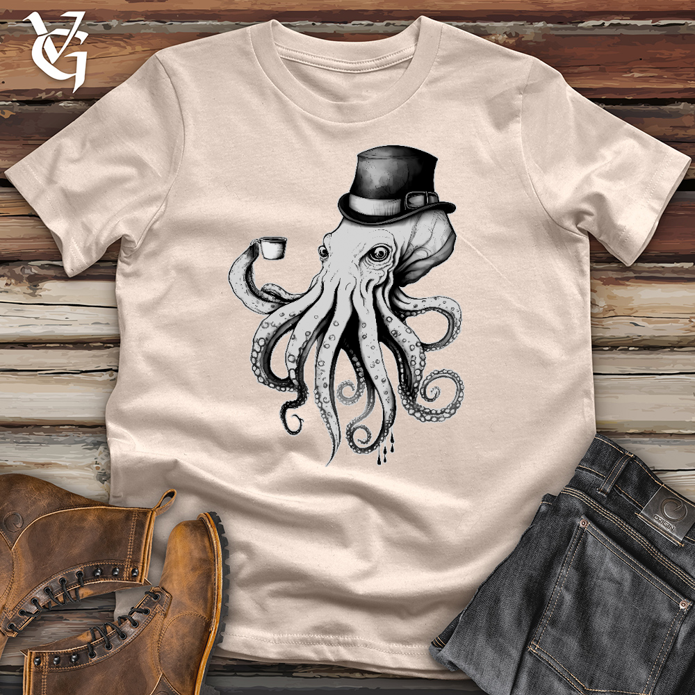 Viking Goods Octopus Wearing Hat Drinking Coffee Cotton Tee Tan / L