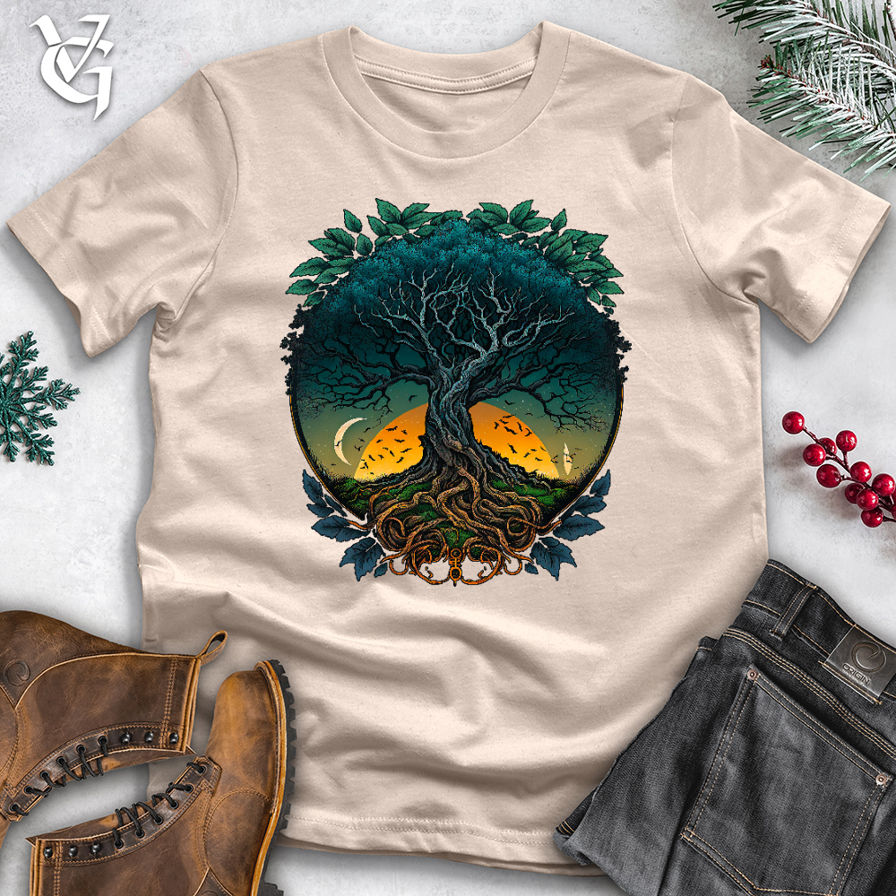 Viking Goods Sunset Yggdrasil Tree Cotton Tee Tan / L
