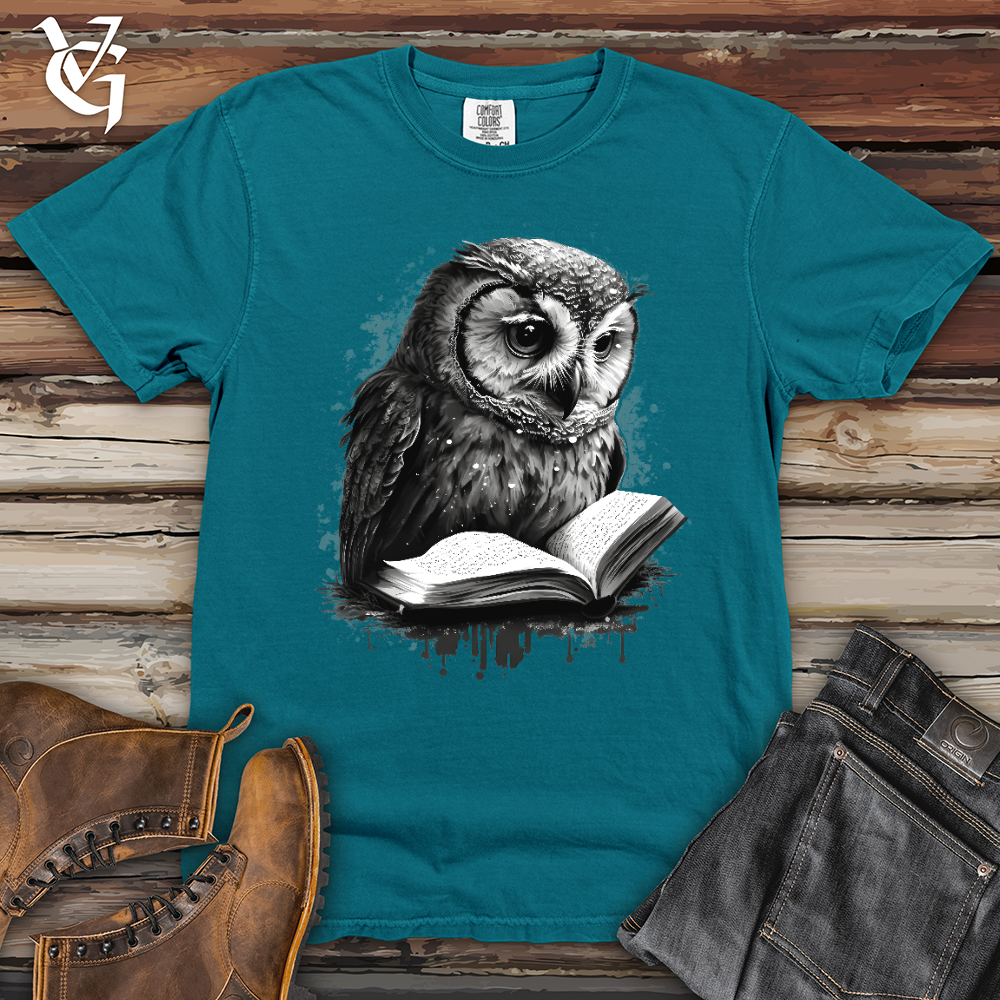 Viking Goods Owl Reading Book Heavy Cotton Comfort Colors Tee Topaz Blue / L