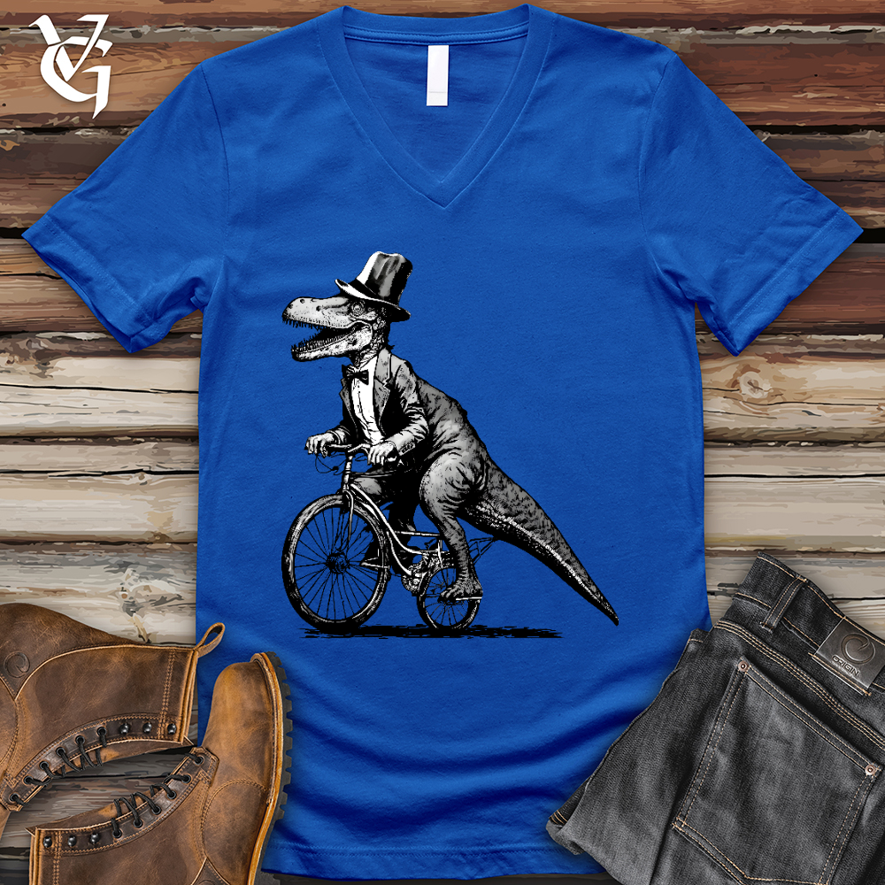 Viking Goods Dinosaur Riding a Bike V-Neck Tee True Royal / L