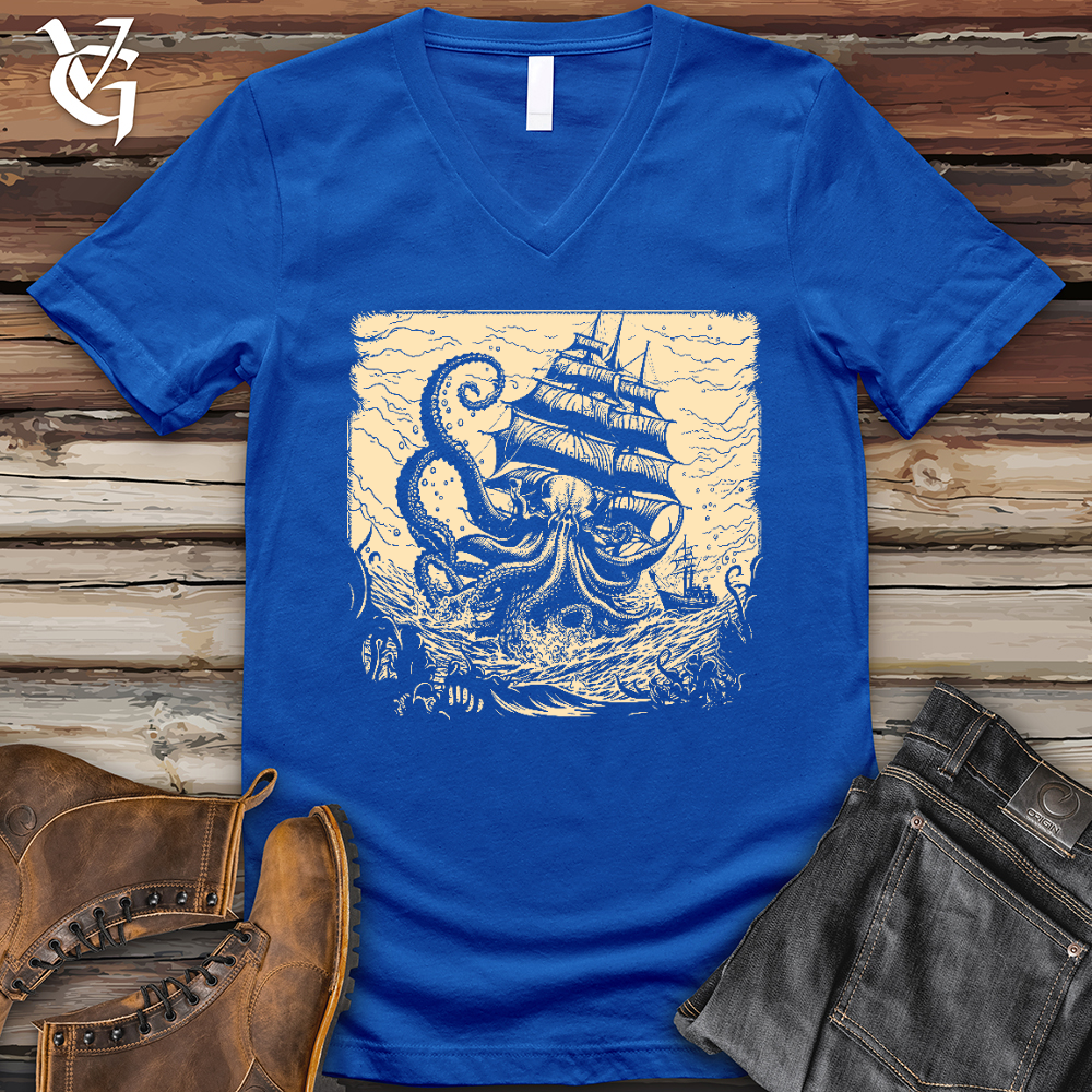 Viking Goods Kraken at Sea V-Neck Tee True Royal / L