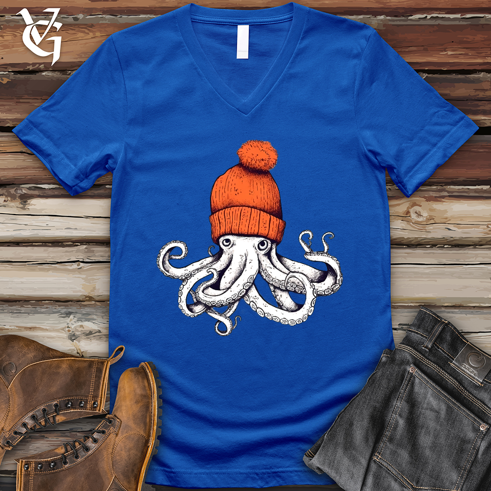 Viking Goods Octopus Orange Beanie V-Neck Tee True Royal / L