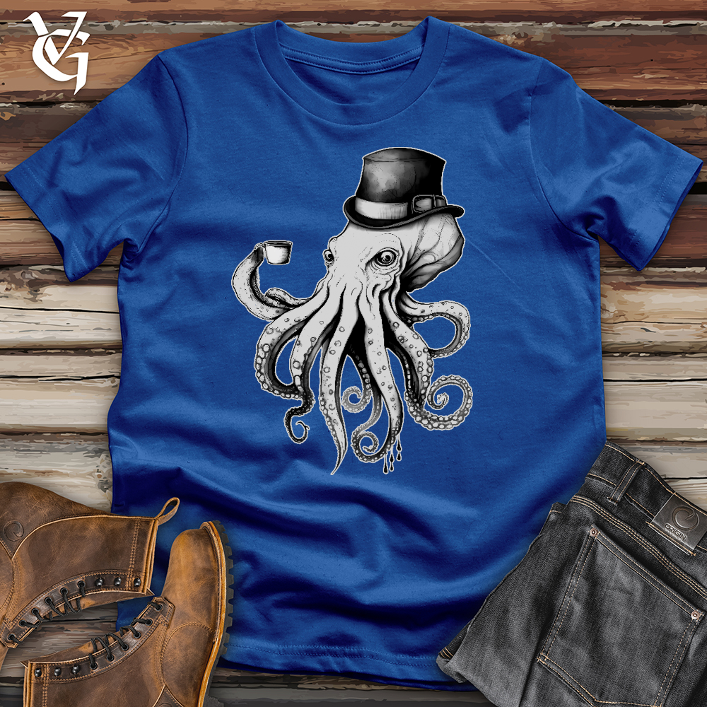 Viking Goods Octopus Wearing Hat Drinking Coffee Cotton Tee True Royal / L