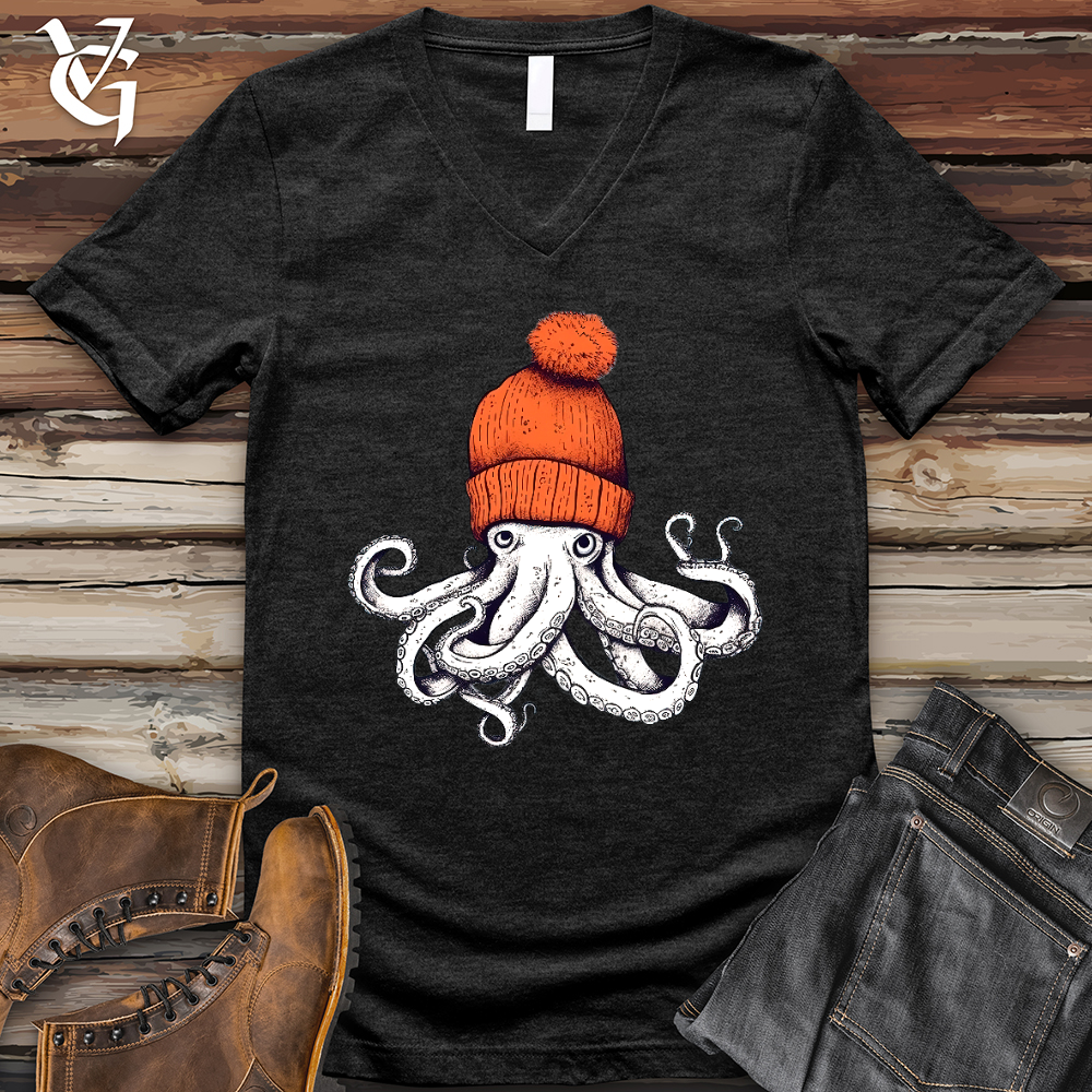 Viking Goods Octopus Orange Beanie V-Neck Tee Vintage Black / L