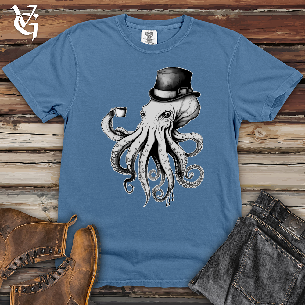 Viking Goods Octopus Wearing Hat Drinking Coffee Heavy Cotton Comfort Colors Tee Washed Denim / L
