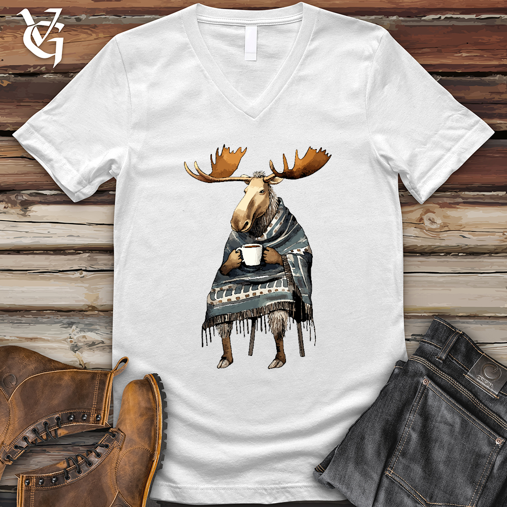 Viking Goods Coffee Drinking Moose V-Neck Tee White / L