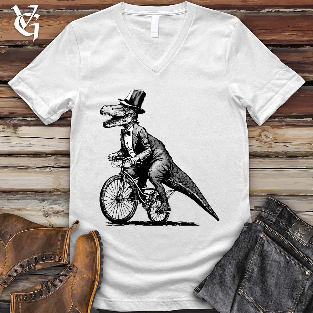 Viking Goods Dinosaur Riding a Bike V-Neck Tee White / L