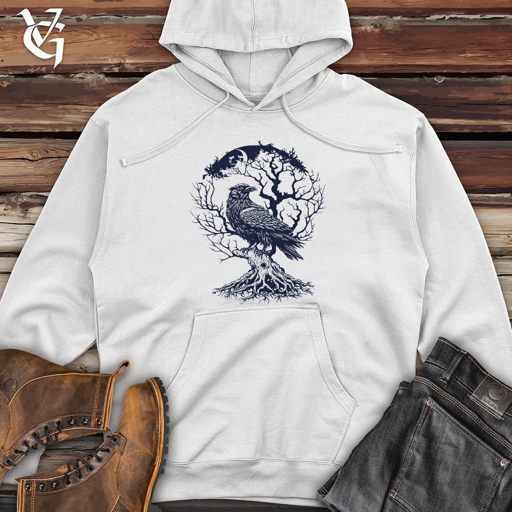 Viking Goods Raven and Old Tree Tattoo Midweight Hooded Sweatshirt White / L