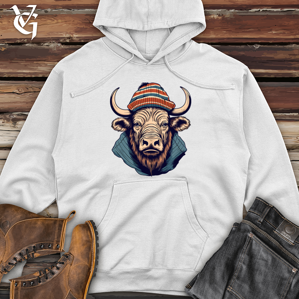 Viking Goods Vintage Buffalo Wearing Beanie Midweight Hooded Sweatshirt White / L