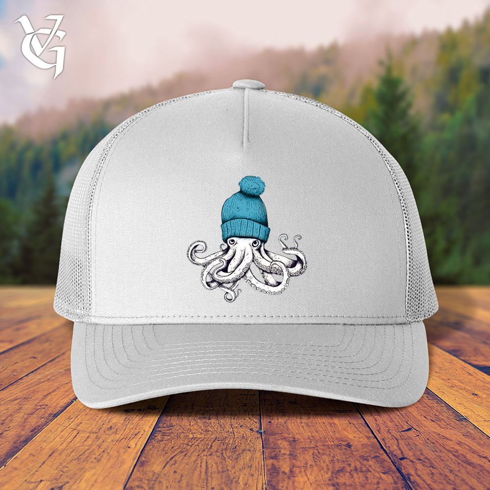 Viking Goods Octopus Wearing Beanie Blue Trucker Cap White